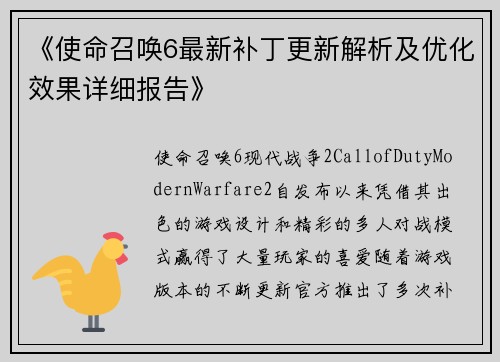 《使命召唤6最新补丁更新解析及优化效果详细报告》
