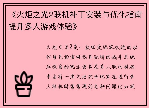《火炬之光2联机补丁安装与优化指南提升多人游戏体验》