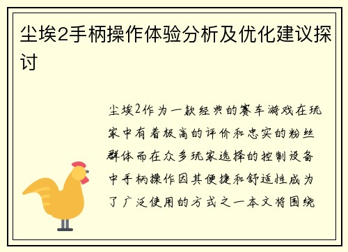 尘埃2手柄操作体验分析及优化建议探讨