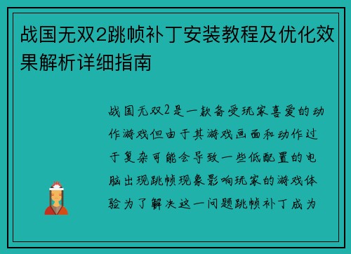 战国无双2跳帧补丁安装教程及优化效果解析详细指南